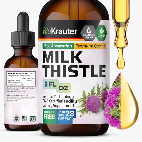 BIO KRAUTER Milk Thistle Supplement for Liver Cleanse & Detox, 2 Fl.Oz | Liquid Milk Thistle Extract Contains Silymarin for Digestive Support, Alcohol & Sugar Free, 28 Days of Supply