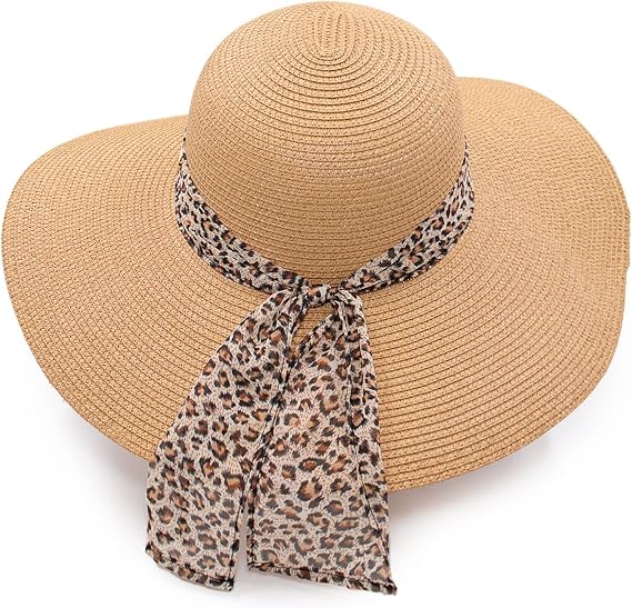 surell Summer Straw Hat with Leopard Print Bow - Hand Woven Beach Sunhat - Perfect Beach Gift (Natural)