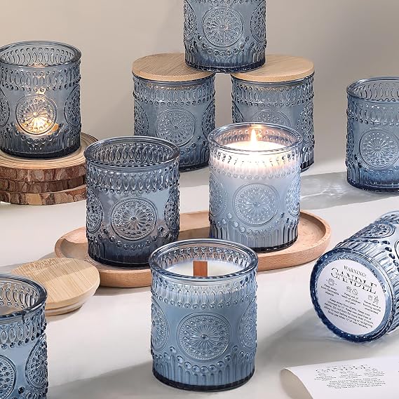 DARJEN 10 Pack Blue Candle Jars for Candle Making - 7.5oz Empty Glass Candle Making Jars with Bamboo Lids and Labels, Candle Making Supplies, Candle Containers, DIY Gifts | プレミアム厚手のガラス、安全な木製の蓋 - DIYキャンドル作りのためのキャンドルジャー、見事なひまわりデザイン。