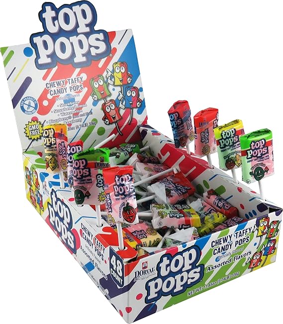 Top Pops Chewy Candy Taffy Pops, Assorted, 48 Pack