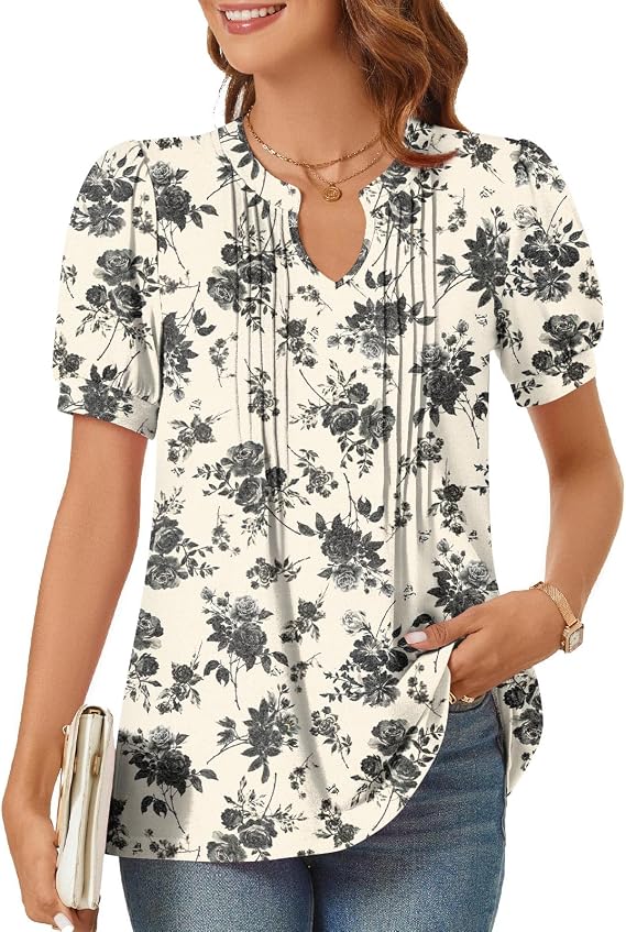 syoss Women's Summer Tops 2026 Puff Short Sleeve Dressy Casual ladies Blouses Elbow Length Sleeve