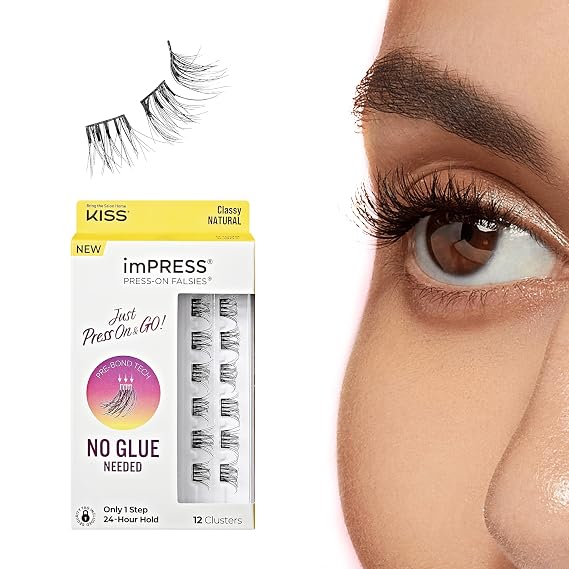 Kiss Impress Falsies Press On Self Adhesive Eyelashes, 10mm-12mm Natural Volume Press On Lashes, Black, No Glue Needed, Invisible Band, 12 Lash Clusters - Classy