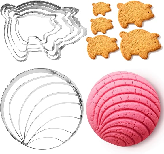 Betus Mexican Concha Bread Cutter and 5Pcs Marranito Pig Cookie Cutters Set Traditional Pan Dulce Baking Molds for Conchas & Mexican Gingerbread Pigs Perfect for Dia de los Muertos and Baking