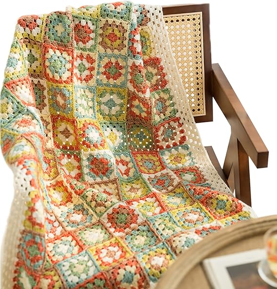Crochet Blanket Kit for Beginners Granny Square Pattern, Easy Starter Knitting Kit Contains: Cotton Yarn, 2 Hooks, Tools, Instructions, Video Tutorial for Adults and Kids, 41 * 31 Inch