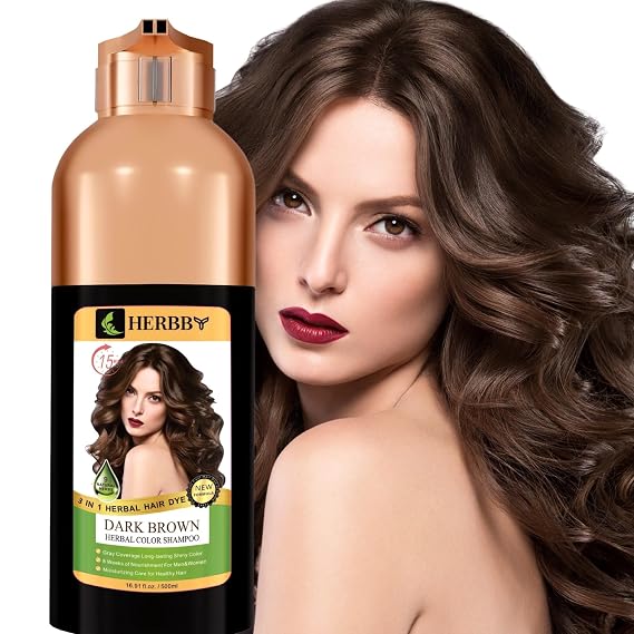 HERBBY Hair Color Shampoo for Gray Hair Coverage&Color Transform with 9 Herbal Extracts Long Lasting(6-8 Weeks),Shiny,Evenly Colored,Instant Hair Dye Shampoo&Conditioner, 500 Ml (DARK BROWN COLOR)