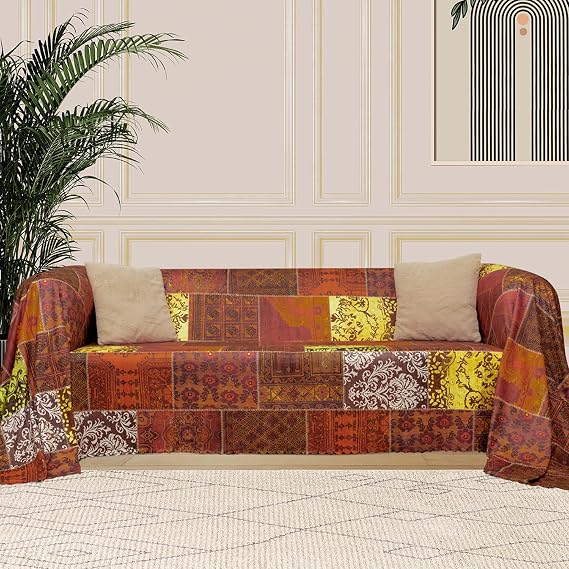 LATUDA CONCEPT SoftMicro Koltuk Örtüsü | Çekyat Örtüsü | Koltuk Şalı | Etnik Desenli Boho Patchwork Kaymaz | Kiremit 180x220 cm