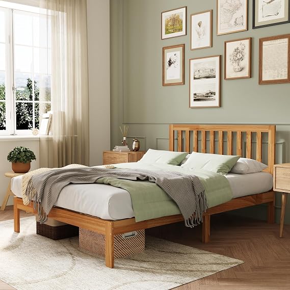 Novilla Queen Bed Frame with Headboard, Solid Wood Bed Frame Foundation with Wood Slat Support, No Box Spring Needed, Easy Assembly, Oak