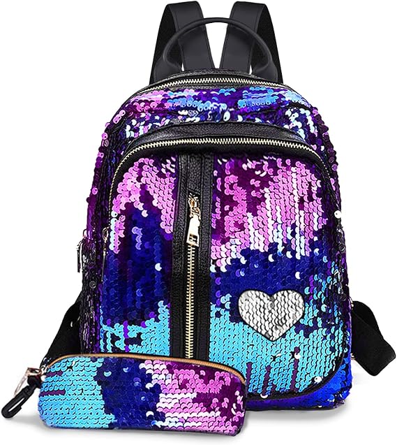 Girls Mini Backpack Sequin Bookbag Cute Daypacks Purse for Kids Christmas Gift - Blue&Purple