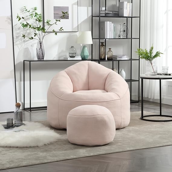 Bean Bag Chair for Adults Kids Girls Boys Teens,Microfiber Upholstered Beanbag Sofa with Petal Back,Memory Foam Stuffed Beans Bags Couch,Soft Padded Lazy Sofa with Footstool for Bedroom Balcony (Pink)
