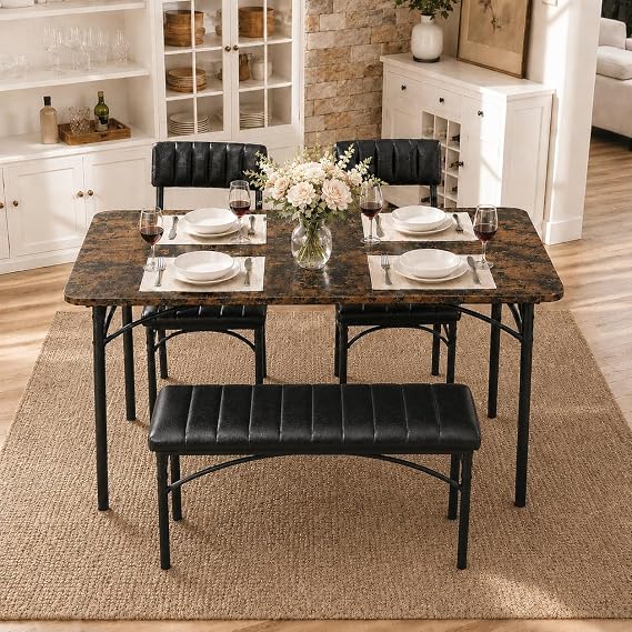 4 EVER WINNER Dining Table Set for 4, Kitchen Table with 2 Upholstered Chairs and Padded Bench, Space-Saving Dinette for Small Apartments, Rustic Brown