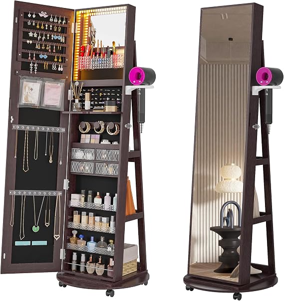 HNEBC 360 Swivel Jewelry Armoire with Mirror, LED Mirror Jewelry Cabinet Standing, Full Length Mirror with Jewelry Storage, Standing Jewelry Organizer/Lockable Wheels/Foldable Makeup Shelf(Brown)