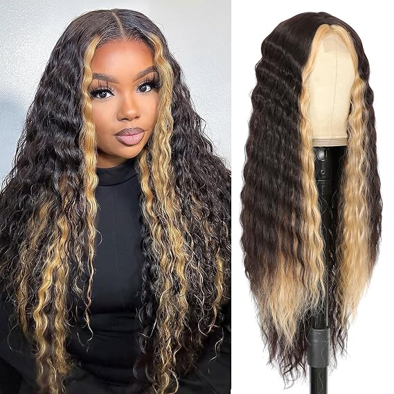 CLIONE 28" Synthetic Curly Wigs for Women Dark Brown Skunk Stripe Wig Deep Wave Wig with Blonde Highlights Long Wavy Lace Front Wigs Synthetic Hair 4" Simulated Scalp Crimps Curls Wig,HL6/15P#
