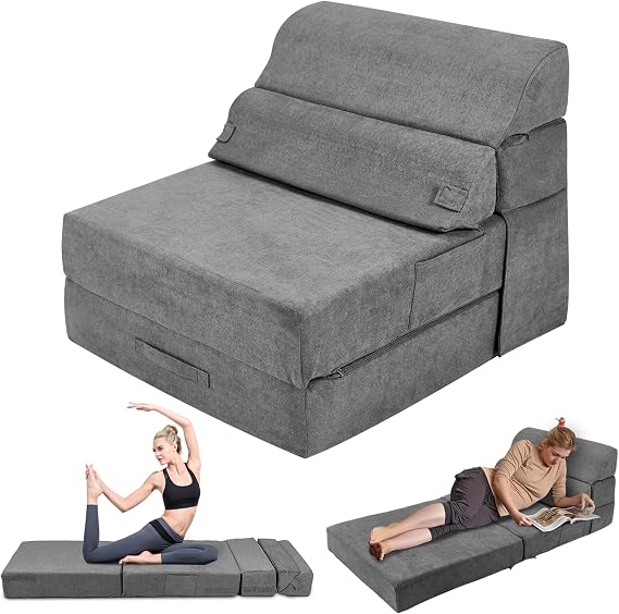 3-in-1 Convertible Sleeper Chair, Folding Sofa Bed Sleep Sofa, Gery | Foldable Sofa Bed with High-Density Foam, Multi-Functional Couch and Lounger for Small Space, Living,Apartment and Guest Room