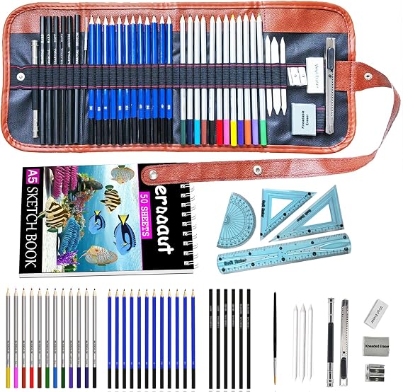 ELEAZAR SKETCHING PENCIL SET: colorful water-soluble pencils, sketching pencils, sketchbook, portable zippered drawing tool set The perfect drawing set for kids, teens and adults (42-Piece)