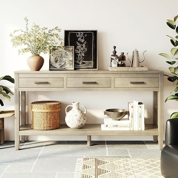 Contemporary Industrial Console Table with 3 Drawers, Vintage Hallway Foyer Table with 1 Storage Shelves, Narrow Long Sofa Entryway Table for Living Room, Foyer, Corridor (Gray-0E7)