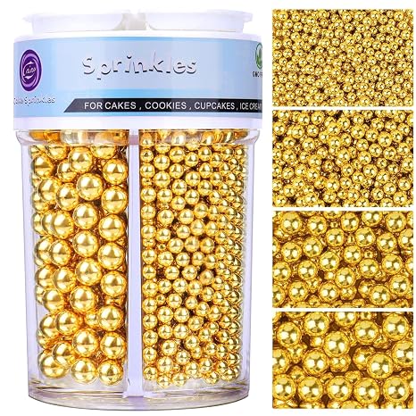 Essbare Goldene Zuckerstreusel & Zuckerperlen (130g) - In 4 Vorsortierten Größen (24710mm) für Eis Torten Cupcakes & Kekse - Perfekte Perlen Streusel Deko für Hochzeit & Geburtstag