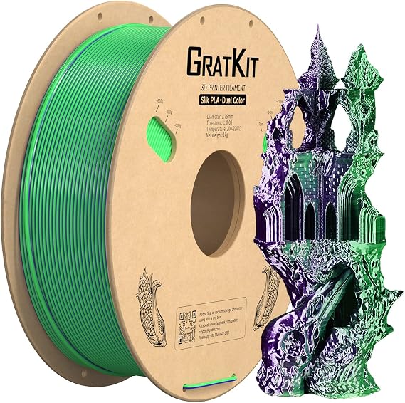 Gratkit Silk Dual-Color PLA Filament,Coextrusion 3D Printer Filament 1.75mm | Multi Color Filament Neatly Wound, Dimensional Accuracy +/-0.03mm, 1KG/Roll, Silk PLA Purple & Green