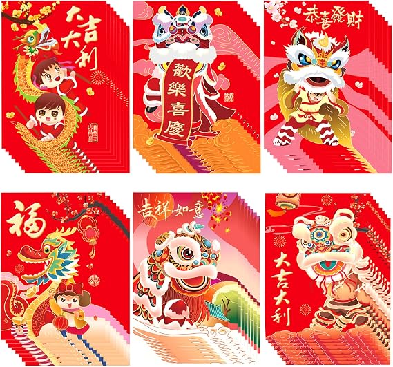 Chinese Red Envelopes,2025 New Year Lion Dancing, Lucky Money Red Packet, Hong Bao for Spring Festival (36pcs)