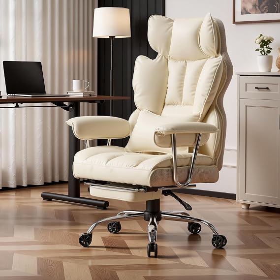 Efomao Desk Office Chair, Big and Tall PU Leather Ergonomic Office Chair, 200KG Adjustable High Back Computer Chair,Executive Swivel Chair with Footrest and Lumbar Support, Beige
