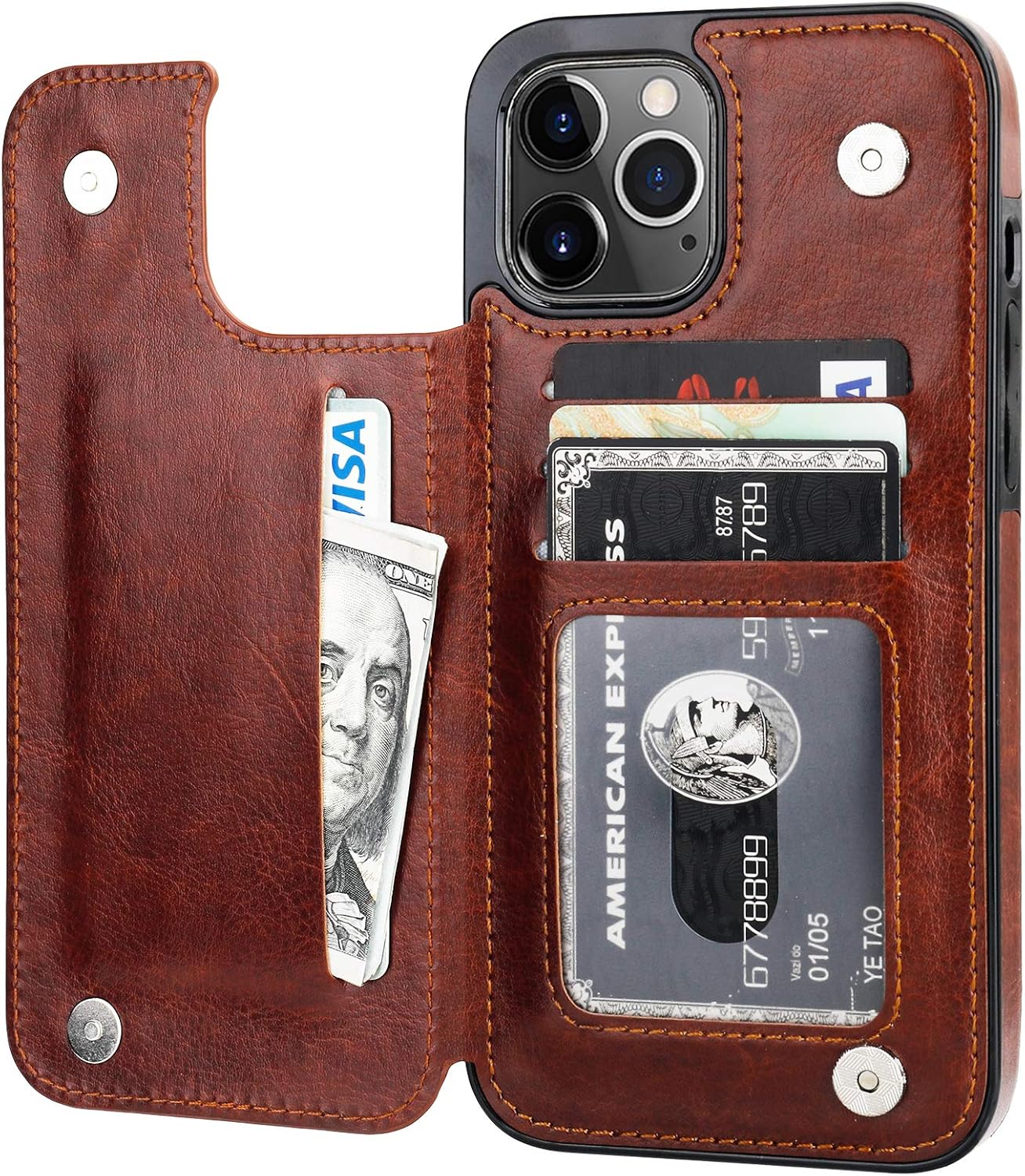 ONETOP Compatible with iPhone 12 Pro Max Wallet Case with Card Holder,PU Leather Kickstand Card Slots Case, Double Magnetic Clasp and Durable Shockproof Cover 6.7 InchBrown