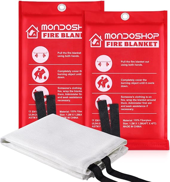 Mondoshop Fire Blanket Emergency for Home and Kitchen - 2 Pack, 48"x48" | 100% Fiberglass, Easy One-Throw Use, Reusable & Washable, Multi-Purpose Fire Safety, Medium Size