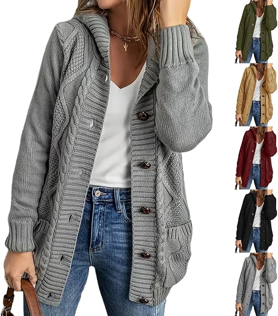 Chunky Cardigan Sweaters for Women Cable Knit Open Front Oversized Long Cardigan Button Up Fall Jacket with Pockets