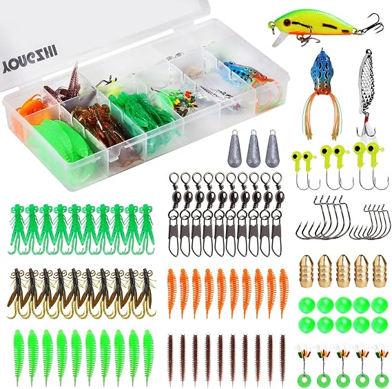 Fishing Lures Kit,Bass Fishing Tackle Set Including Soft Baits Jig Heads Hooks Weights, Complete Freshwater Lure Kit for Bass Trout Walleye Panfish