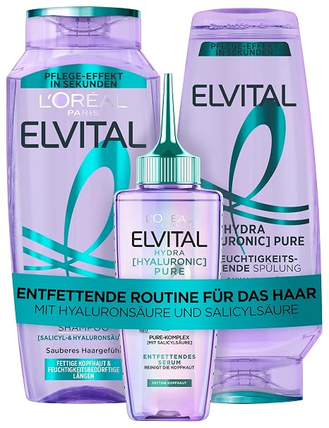 L'Oréal Paris Elvital Hydra Hyaluronic Moisturising Set for Shiny Hair for a Moisture Boost Shine & Protection Long-Lasting Care Shampoo 300 ml Conditioner 250 ml Serum 102 ml