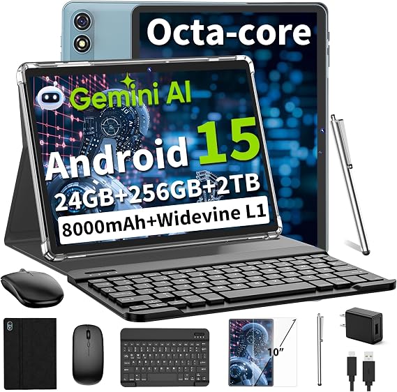 Android 15 Tablet 10 Inch, 2026 Tablet with Keyboard, 24GB+256GB+2TB Expand | Tablets PC with Gemini AI, Octa-Core, 8000mAh, 5G WiFi, Widevine L1, GMS, 2 in 1 AI Tablets with Case, Mouse, Stylus(Black)