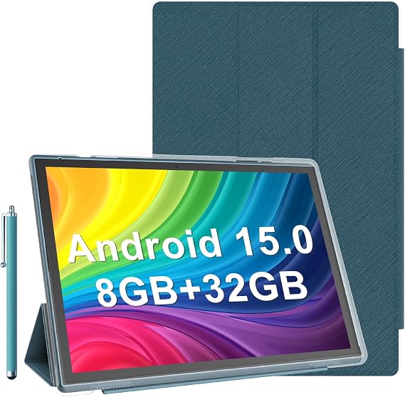 10 Inch Tablet Android 15 Tablets With Case Stylus 8GB RAM 32GB ROM Support 1TB Expand, 6000mah Battery 10 IN Android Tableta, Dual Camera WiFi-6 Bluetooth 10.1'' Android Tablet With Protective Cover