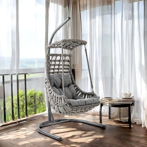 Alaçatı Tekli Rattan Bahçe Balkon Salıncağı Gri