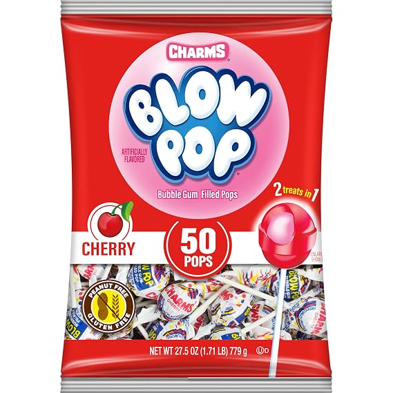 Charms Blow Pop Single Flavor Bag, Cherry, 50 Count (Pack of 1) | Individually Wrapped, Dual Candy and Gum Suckers, Bulk Treats for Kids and Adults, Peanut Free, Kosher, Gluten Free