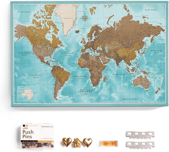 Canvas World Map with Cork Pin Board - English Lettering - Decorative Wall Decoration for All Rooms - Canvas Pictures with World Map Motif (70x50 cm, Pattern 10)