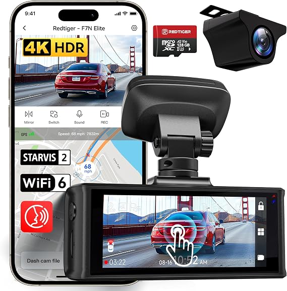 REDTIGER F7N Elite 4K HDR Dash Cam, STARVIS 2, Voice Control, 128G Card | 5.8GHz WiFi 6, 3.18 Inch Touchscreen, Built-in GPS, Dashcam Front and Rear Camera with WDR, Loop Recording, 24H Parking Mode