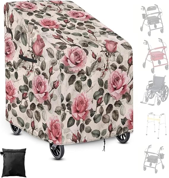 Rollator Seat Cover,Folding waterproofproof Easy Install Rollator Accessories for Seniors, Outdoor Wheelchair Covers for Travel-Rose Floral