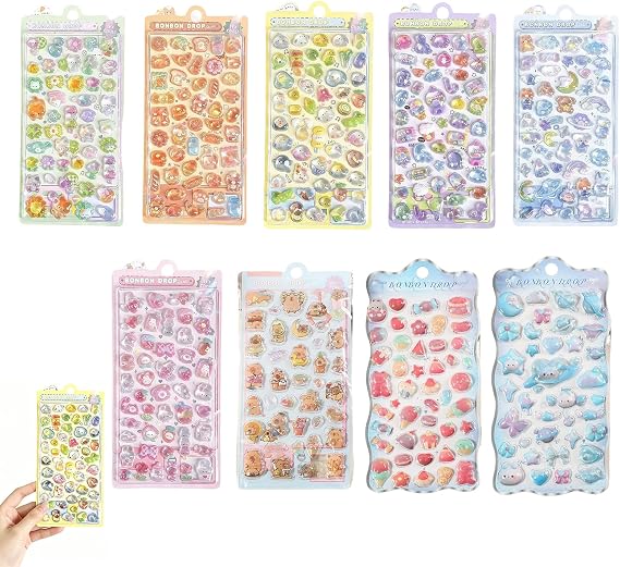 9 PCS Adorable 3D Puffy Stickers, Cute Kawaii Animal Mini, Fun Bubble