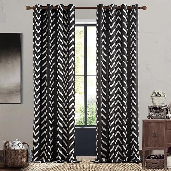 Black and White Pattern Linen Curtains 90 Inch Length 2 Panels Room Darkening Herringbone Fabric Grommet Curtains for Living Room Zig Zag Chevron Farmhouse Drapes for Windows,52x90 Inch Length