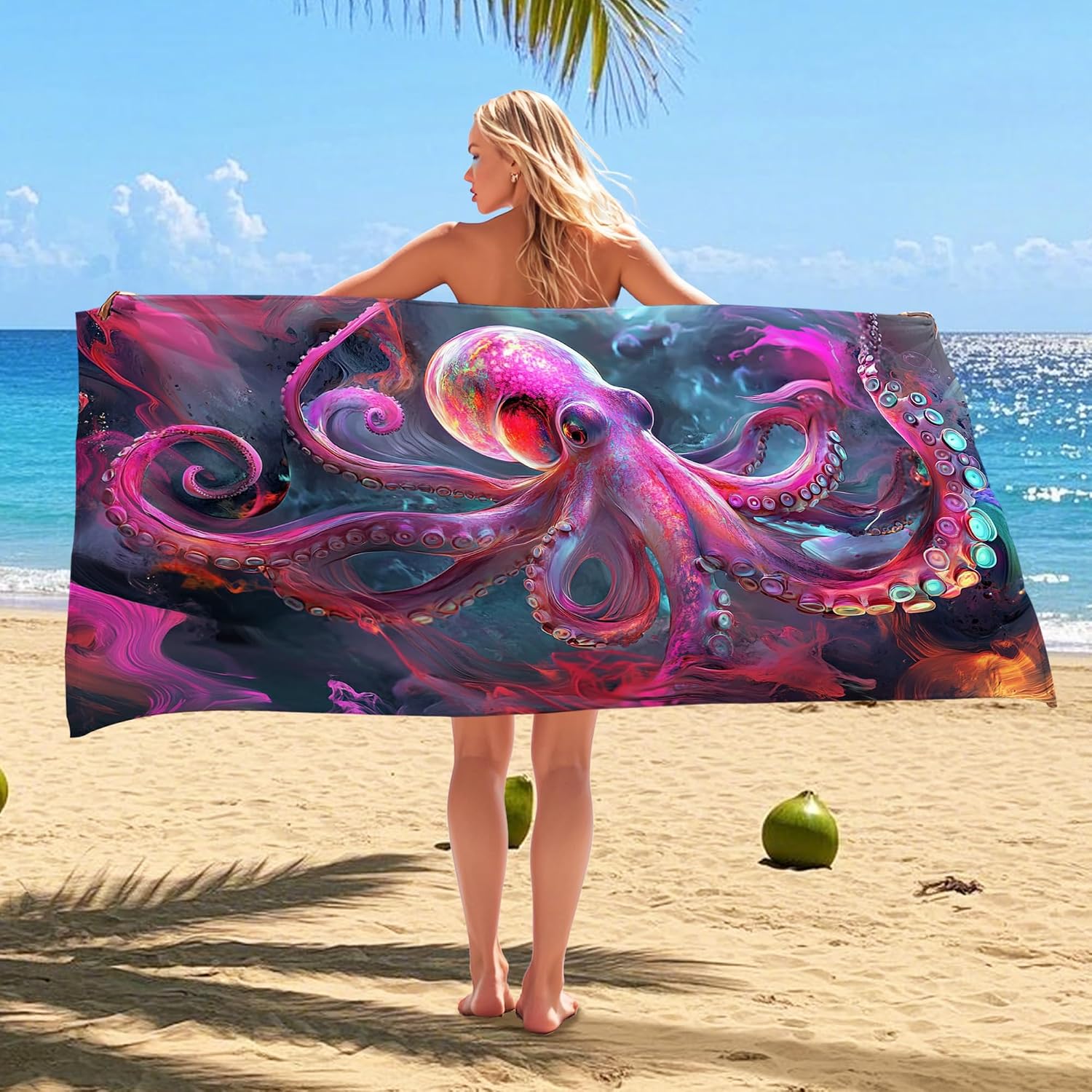 Colorful Octopus Microfiber Beach Towel Extra Large Artistic Marine Design Quick Dry Absorbent Sand Free Lightweight Travel Essentials 62x31 Inch
