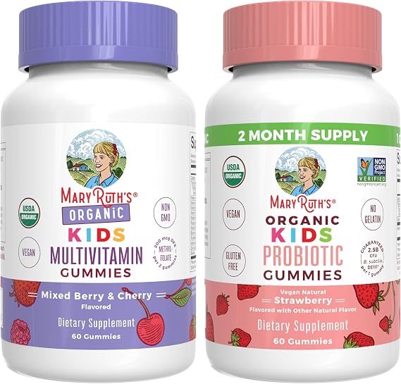 MaryRuth Organics Gummies for KidsMultivitamin (Mixed Berry & Cherry), Probiotic (Strawberry) | USDA Organic, No Gelatin! | Vitamins for Immunity, Gut Health, Overall Wellness | Vegan, Non-GMO