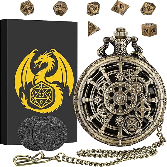 Mini DND Dice Set with Steampunk Hollow Gear Pocket Watch Shell Case, 7pcs Polyhedral Metal D&D Dice Set, DND Gifts with Gift Box, Role Playing Board Games Accessories, Bronze