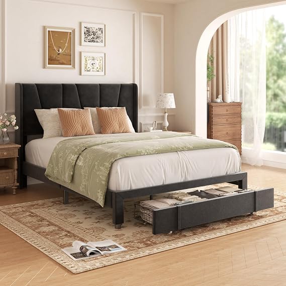 Double Bed Frame, 4ft7 Upholstered Platform Bed with Tufted Headboard & Wing Side and Storage Drawers, Wood Slat Support, Mattress Foundation, No Box Spring Needed, Black
