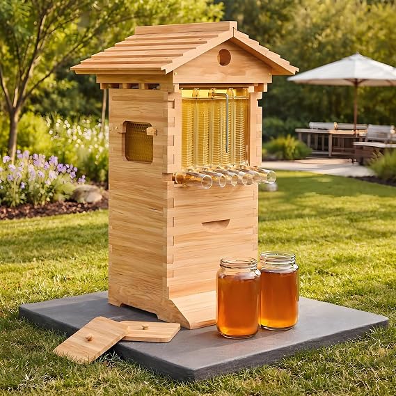 Beehive Starter Kit,Self-Flow Hive Beehive Starter Kit,Complete Bee Box with Observation Window & Honey Spout,Bee Hive Complete Kit,Automatic Honey Harvesting