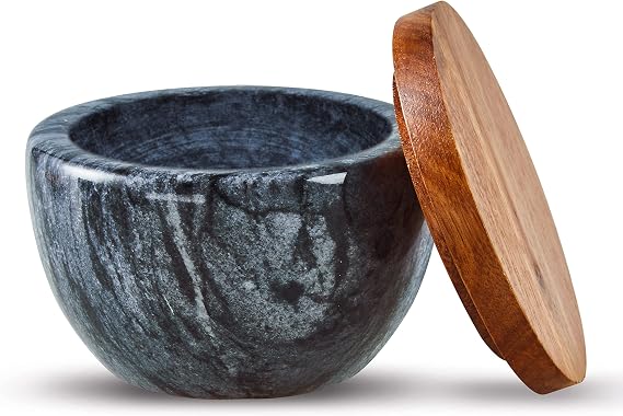 MarcZero Large Salt Box Spice Seasonings Keeper Pepper Container,Marble Base with Wooden Cover,Salt Cellar Big Capacity Elegant Design (Dark Grey)