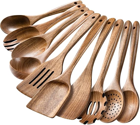 HSM Wooden Spoons for Cooking, 10-Piece Acacia Wood Kitchen Utensil Set | 10 task-specific tools cover stirring, flipping, draining and serving, keeping the right shape ready for everyday recipes.