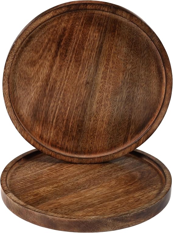 Handcrafted Mango Hardwood Set of 2 Servers Round 11 inch, Versatile Durable Sustainable tableware for Dinner, Lunch, Breakfast, Charger Plate, Platter, large - Burn
