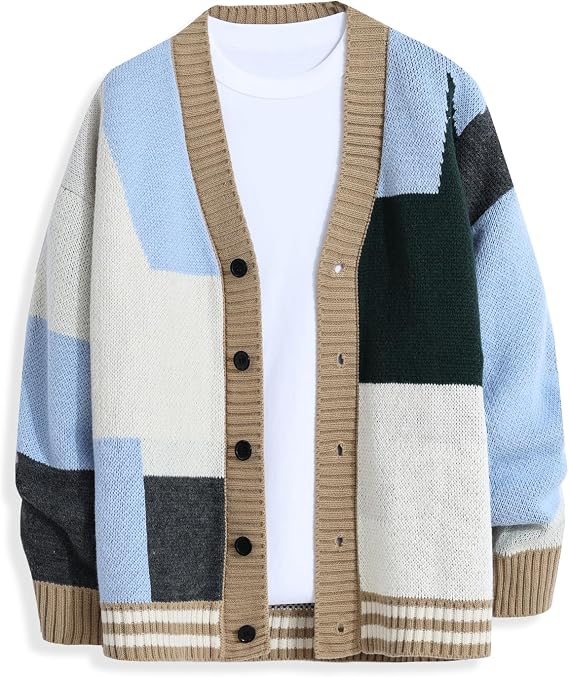 GURUNVANI Men's Colorblock Cardigan Sweater Thick Knit Button Front Vintage
