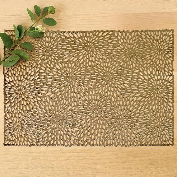 Decozen Placemats Set of 6 Vinyl PVC Placemats Perforated, Table Protector for Kitchen Decor & Home Decor, Scratch & Heat Resistant Place mats Washable Wipeable Table Mats for Indoor Outdoor Use, Gold
