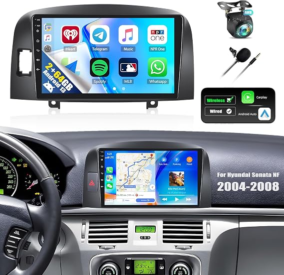 Camecho 2G+64G for Hyundai Sonata NF 2004-2008, Android 13 Car Stereo with Carplay Android Auto,9" Touch Screen Car Radio with Bluetooth, FM/RDS, HiFi, GPS,WiFi + AHD Backup Camera + MIC