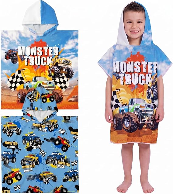 Fanfanwin 2 Pack Monster Truck Themed Bath Towel Beach Hooded Bath Towel 37.8x23.62 Inches Monster Truck Poncho with Snap Buttons Hood Soft Microfiber Rapid Dry for Beach, Pool, Swim, Travel, Home Use
