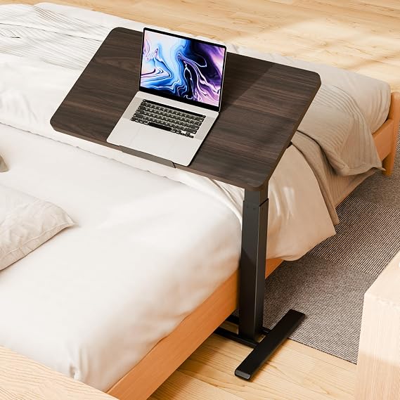 SANODESK Medical Adjustable Overbed Bedside Table with Casters 90 Tilt Top Pneumatic Mobile Rolling Laptop Computer Standing Desk Cart with Tray, Hospital and Home Use(31.5" W x 17.7" D,Rustic Brown)